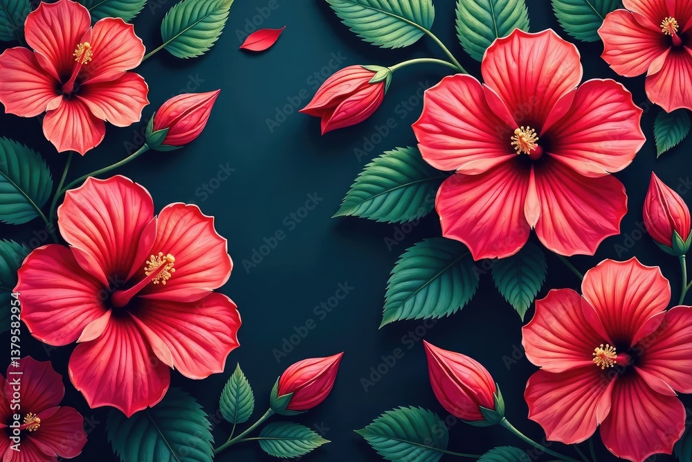 Obraz premium Bold hibiscus blooms, stylized leaves, repeating motif , wallpaper, background, Hibiscus