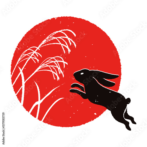 Silhouettes of a jumping rabbit and silver grass on a full moon