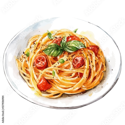 A watercolor vector illustration of Spaghetti Carbonara, isolated on a white background.

