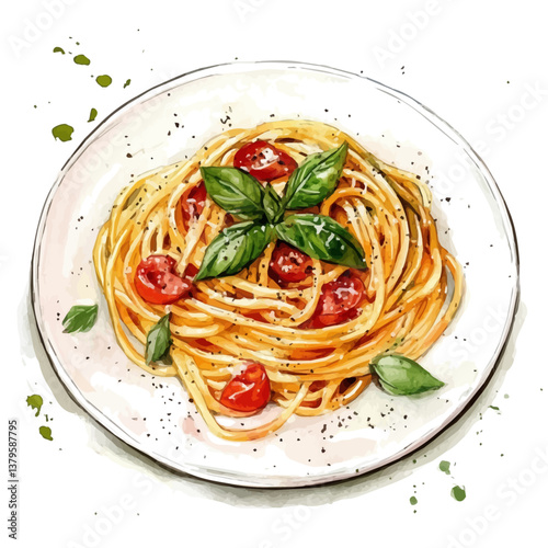 A watercolor vector illustration of Spaghetti Carbonara, isolated on a white background.

