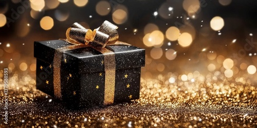 A striking black gift box set against a luxurious gold background.