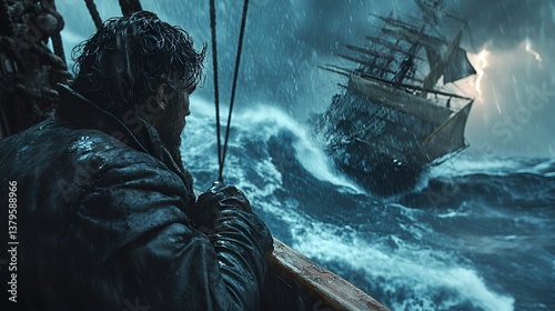 Struggling Tanker Ship Battles Ferocious Waves in a Tempestuous Ocean at Twilight