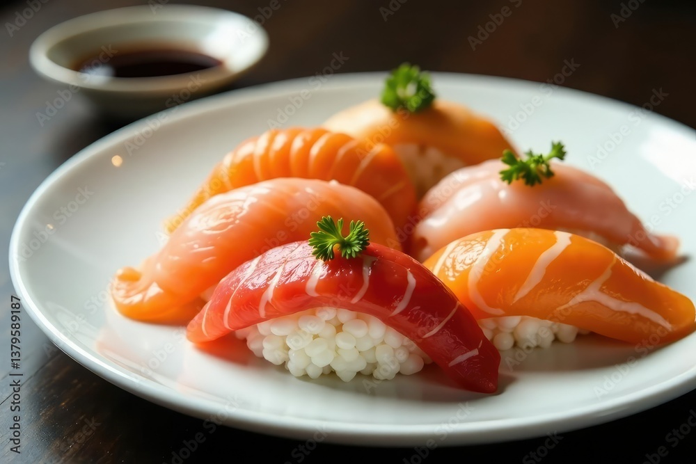 Various sushi pieces on white plate, soy sauce , culinary, wasabi, nigiri Various sushi pieces on white plate, soy sauce , culinary, wasabi, nigiri