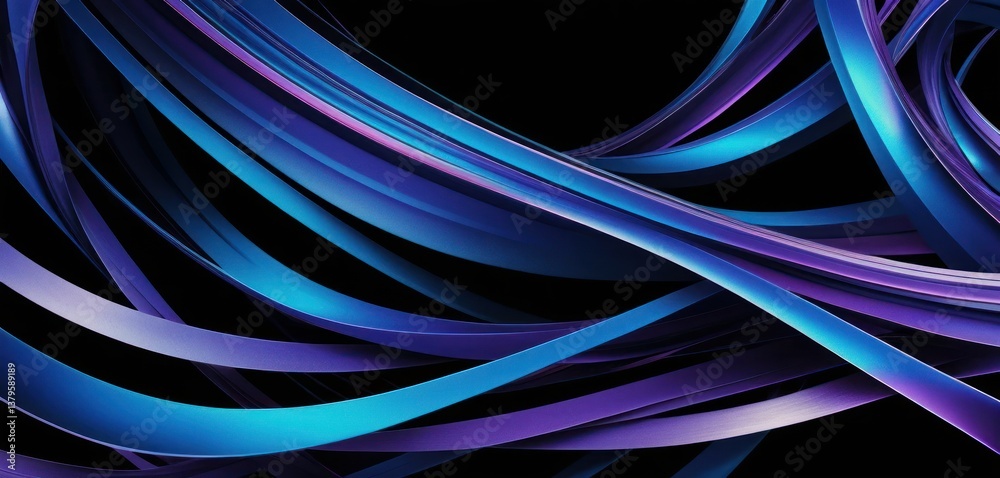 Futuristic abstract digital artwork featuring fluid, curved metallic waves in blue, purple, and iridescent colors. The design has a smooth lines in black design Futuristic abstract digital artwork featuring fluid, curved metallic waves in blue, purple, and iridescent colors. The design has a smooth lines in black design