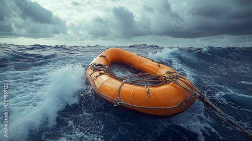 Surging Waves Cradle a Solitary Orange Life Raft Under a Moody Gray Sky at Dusk