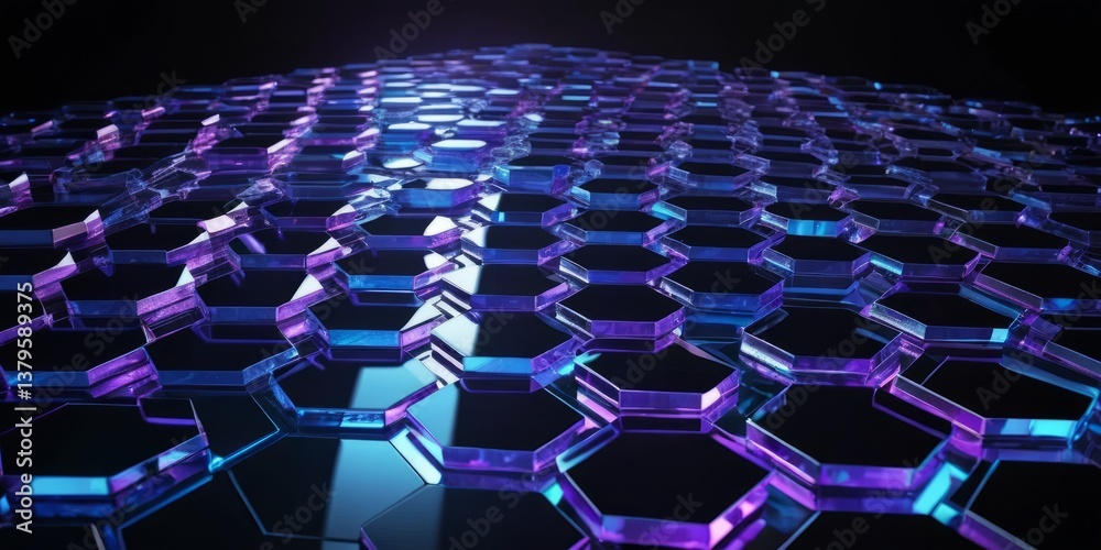 Obraz premium Futuristic abstract 3D render of interconnected hexagonal glass tiles with a reflective, metallic finish in black design