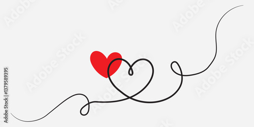One continuous drawing of heart and red color love sign. Thin flourish and romantic symbols in simple linear style. Editable stroke. Doodle vector illustration