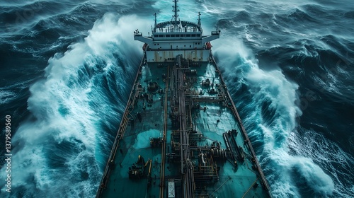 Intense Waves Crash Against the Hull of a Cargo Ship Navigating Through Stormy Seas at Twilight