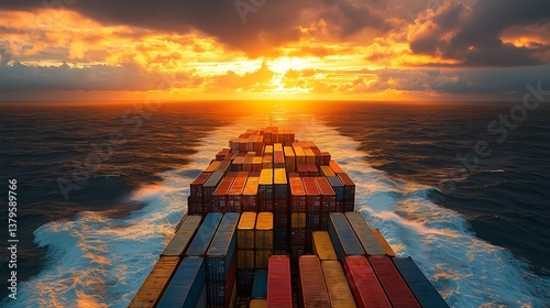 Vibrant Sunset Illuminating a Cargo Ship Navigating Through the Vast Ocean Waters