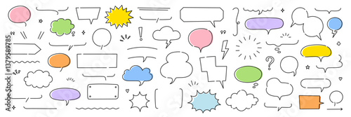 Line frame text speech bubble set. Line balloon frame design talk speech bubble frame. Comic japan style design conversation text dialog balloon, simple doodle thinking cloud. Vector illustration
