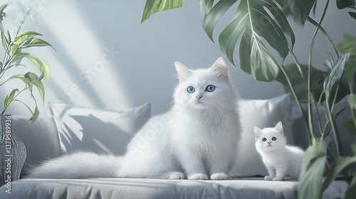 Two white cats with blue eyes sitting on a couch among plants.