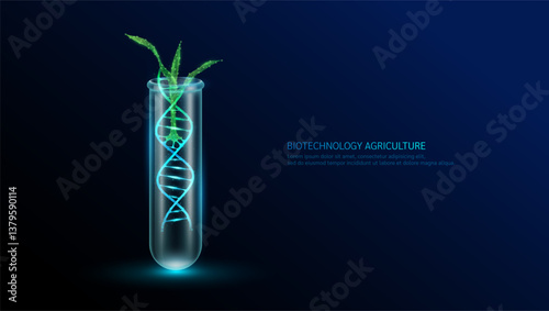 Green seedling corn DNA helix structure neon polygonal in glass test tube. Biotechnology in cultivation agriculture industry. Plant growth genetic experiment scientific. Vector illustration.