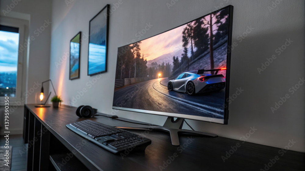 Ultra-wide curved gaming monitor with dynamic RGB lighting displaying fast-paced racing game on modern black desk. Cutting-edge gaming setup for esports and virtual racing enthusiasts. Ultra-wide curved gaming monitor with dynamic RGB lighting displaying fast-paced racing game on modern black desk. Cutting-edge gaming setup for esports and virtual racing enthusiasts.