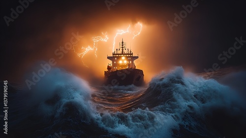 Stormy Seas and Powerful Ships Battling the Elements Under a Dramatic Lightning-Lit Sky