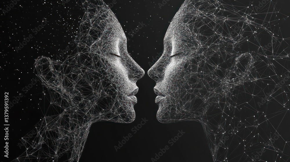 Connected faces, digital art, dark background, constellation, relationship concept Connected faces, digital art, dark background, constellation, relationship concept