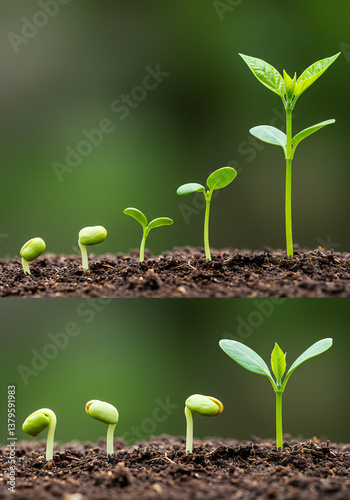Plant growth stages from seed to mature plant. Seedling evolution development, success, life cycle, natural progression. Agriculture trend, sustainable care, business planning, nurturing flora