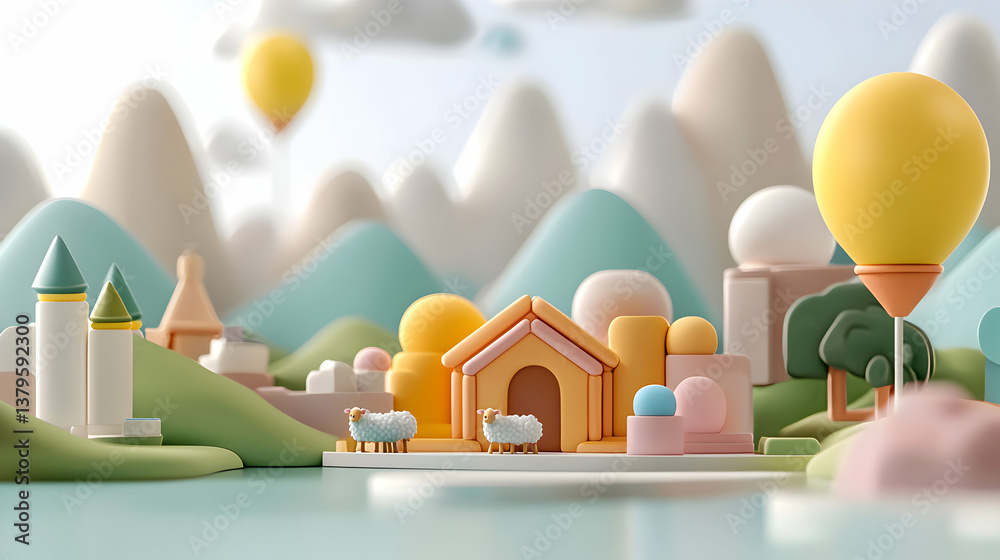 Whimsical Pastel Landscape with Sheep and Hot Air Balloon Whimsical Pastel Landscape with Sheep and Hot Air Balloon