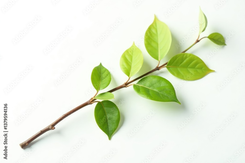 Fototapeta premium A single, long isolated branch on a plain white background with delicate leaf details, nature, simple