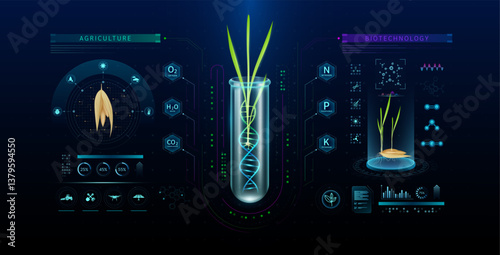 Green oats seedling DNA helix structure in transparent glass test tube. Plant avena sativa seeds roots growth genetic modification experiment for cultivation. Biotechnology agriculture science. Vector