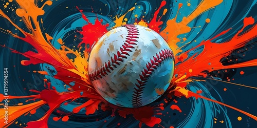 Vibrant baseball illustration featuring dramatic paint splatters in blue and orange, symbolizing action, passion, and creativity in a unique sports-inspired digital artwork

