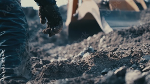 A construction worker operating a backhoe to excavate soil. Featuring power and control
