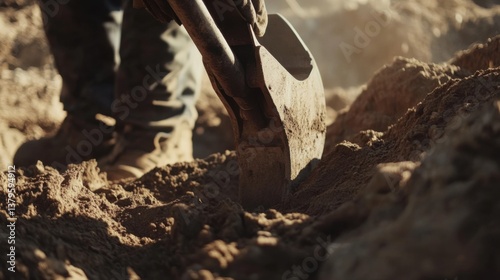 A construction worker operating a backhoe to excavate soil. Featuring power and control