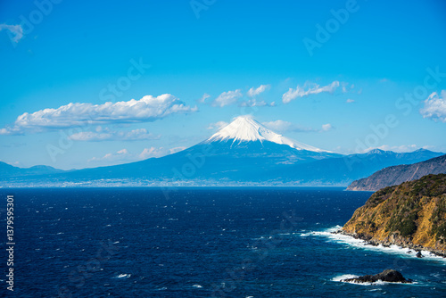 Clear View of Mount Fuji Across Suruga Bay from Izu Northwest Coastal Drive, Japan.