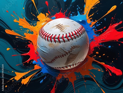 Vibrant baseball illustration featuring dramatic paint splatters in blue and orange, symbolizing action, passion, and creativity in a unique sports-inspired digital artwork

