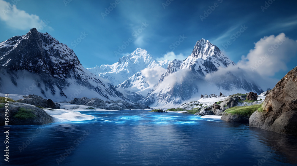 Obraz premium stunning landscape featuring majestic snow capped mountains reflecting in serene blue lake, surrounded by lush greenery and rocky terrain, evoking sense of tranquility and natural beauty
