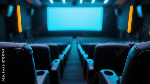 This space features elegant cinema seating arranged in rows facing a large blank screen, illuminated with ambient lighting
