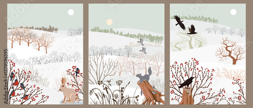 vector drawing set of cards with winter landscapes with birds, animals, snow, sun and trees, hand drawn illustration