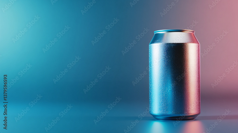 metallic beverage can with sleek design, featuring gradient finish that reflects light beautifully. can is set against vibrant blue and pink background, creating modern and futuristic atmosphere