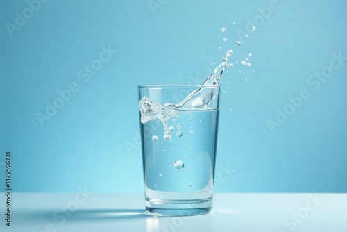 Refreshing Hydration Crystal-Clear Water Splashing into a Glass on a Serene Blue Background