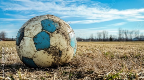 Muddied soccer ball rests on field, sunny sky