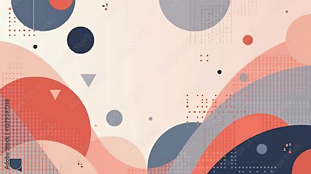 Obraz premium Abstract geometric design with coral peach and gray circles waves and triangles on a beige background