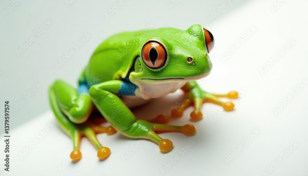 Obraz premium Green tree frog perched on white, vibrant skin, skin, background, green frog