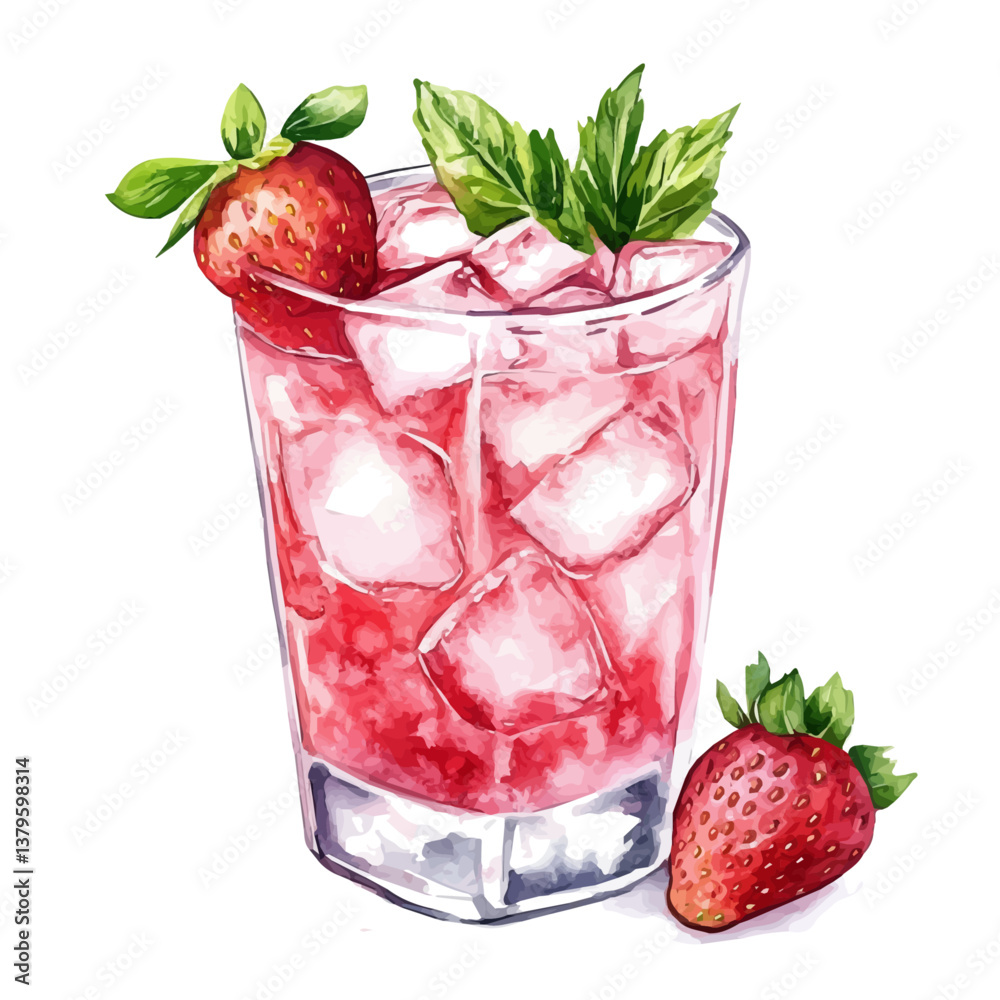 A watercolor vector illustration of Strawberry Agua Fresca, isolated on a white background.

