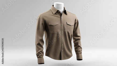 brown shirt mock up displayed on a white mannequin, premium cotton shirt with neat stitching details, front view has a small pocket, ai generated images.