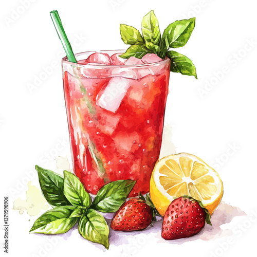 A watercolor vector illustration of Strawberry Basil Lemonade, isolated on a white background.

