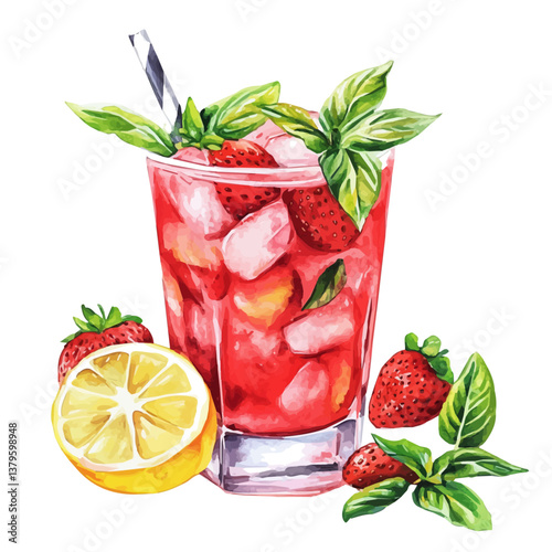 A watercolor vector illustration of Strawberry Basil Lemonade, isolated on a white background.

