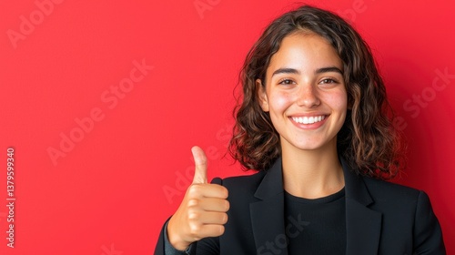 Smiling Young Woman in Black Suit Giving Thumbs Up Against Red Background