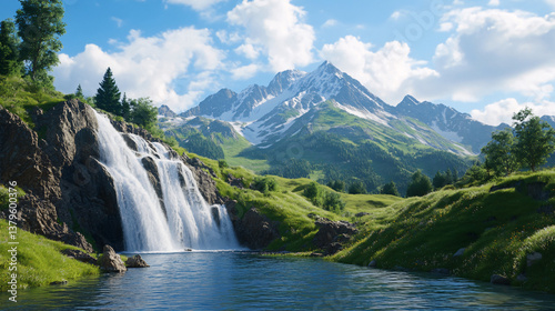 stunning waterfall cascading down rocky cliffs, surrounded by lush greenery and majestic mountains in background. scene captures beauty of nature, evoking sense of tranquility and awe