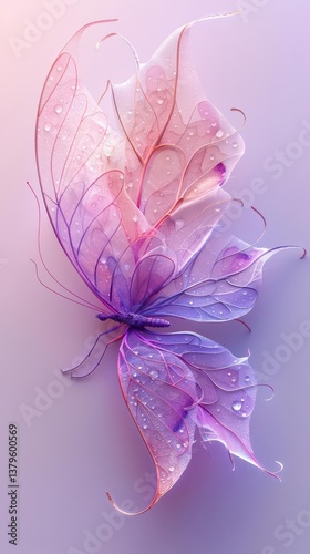 A delicate, colorful butterfly with translucent wings adorned with droplets.