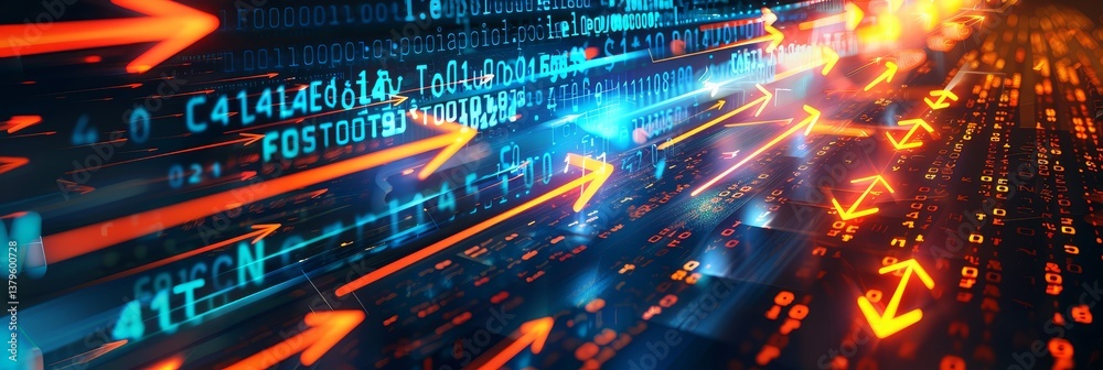 Fototapeta premium Data Stream - Abstract of fast-moving data streams, represented by glowing arrows and binary code. Ideal for tech, finance, or innovation concepts