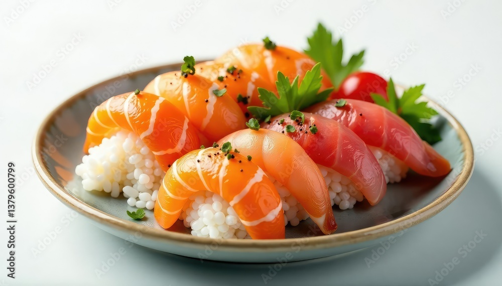 Sushi platter, vibrant seafood atop rice, minimalist white backdrop, lunch, rice Sushi platter, vibrant seafood atop rice, minimalist white backdrop, lunch, rice