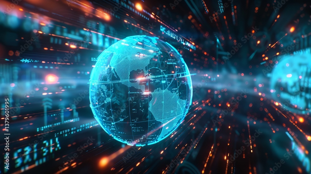 Global Network Connections - Futuristic globe showcasing global interconnectedness and data streams. High-tech concept Global Network Connections - Futuristic globe showcasing global interconnectedness and data streams. High-tech concept