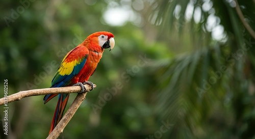 AI-generated vibrant scarlet macaw perched on a branch in a lush tropical forest setting.