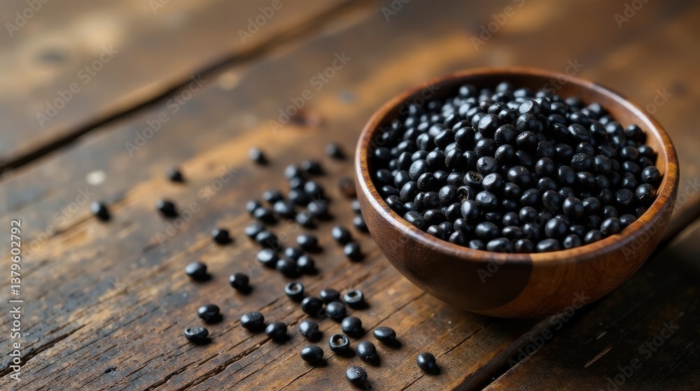 Dark-colored seeds in a rustic wooden bowl, scattered on a weathered table, a close-up view emphasizing texture and natural tones Dark-colored seeds in a rustic wooden bowl, scattered on a weathered table, a close-up view emphasizing texture and natural tones