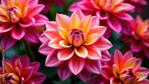 Bold dahlia petals, repeating motif, rich hues, stylish, intricate, macro