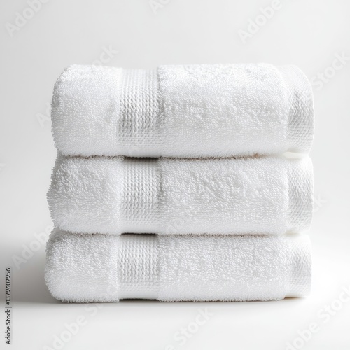 Stacked, white, soft and fluffy terrycloth towels on a bright white surface